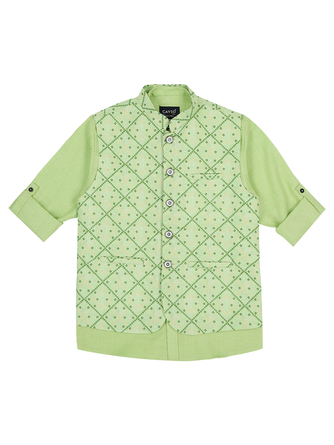 Boys Printed Pure Cotton Mandarin Collar Slim Fit Nehru Jacket With Shirt