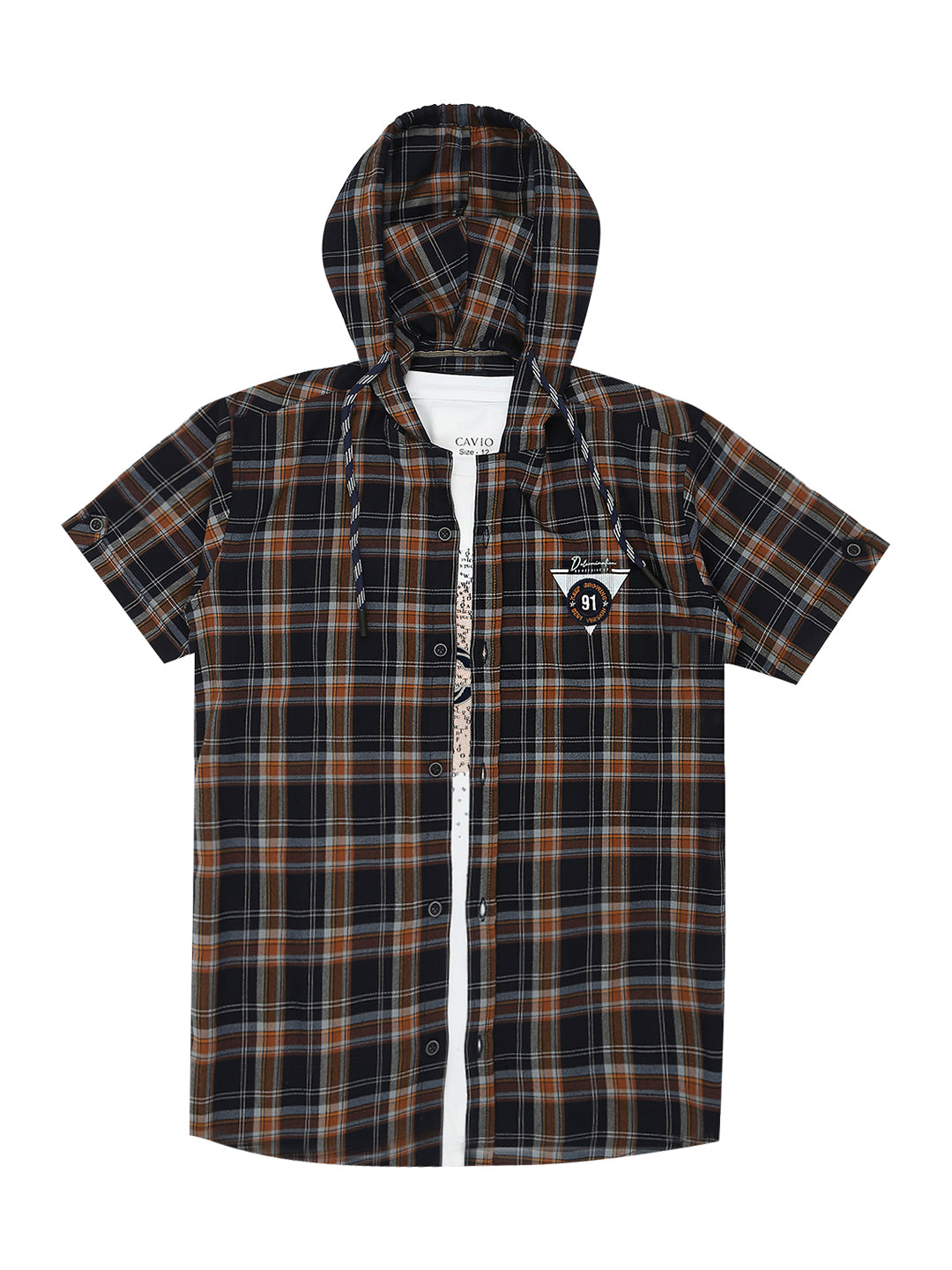 Boys Checked Comfort Hooded Cotton Casual Shirt With Graphic Printed T Shirt