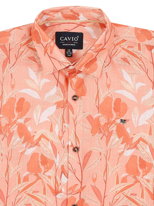 Boys Green Comfort Floral Opaque Printed Casual Shirt