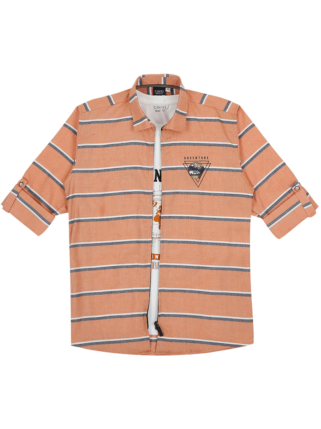 Boys Orange Comfort Horizontal Stripes Opaque Striped Casual Shirt