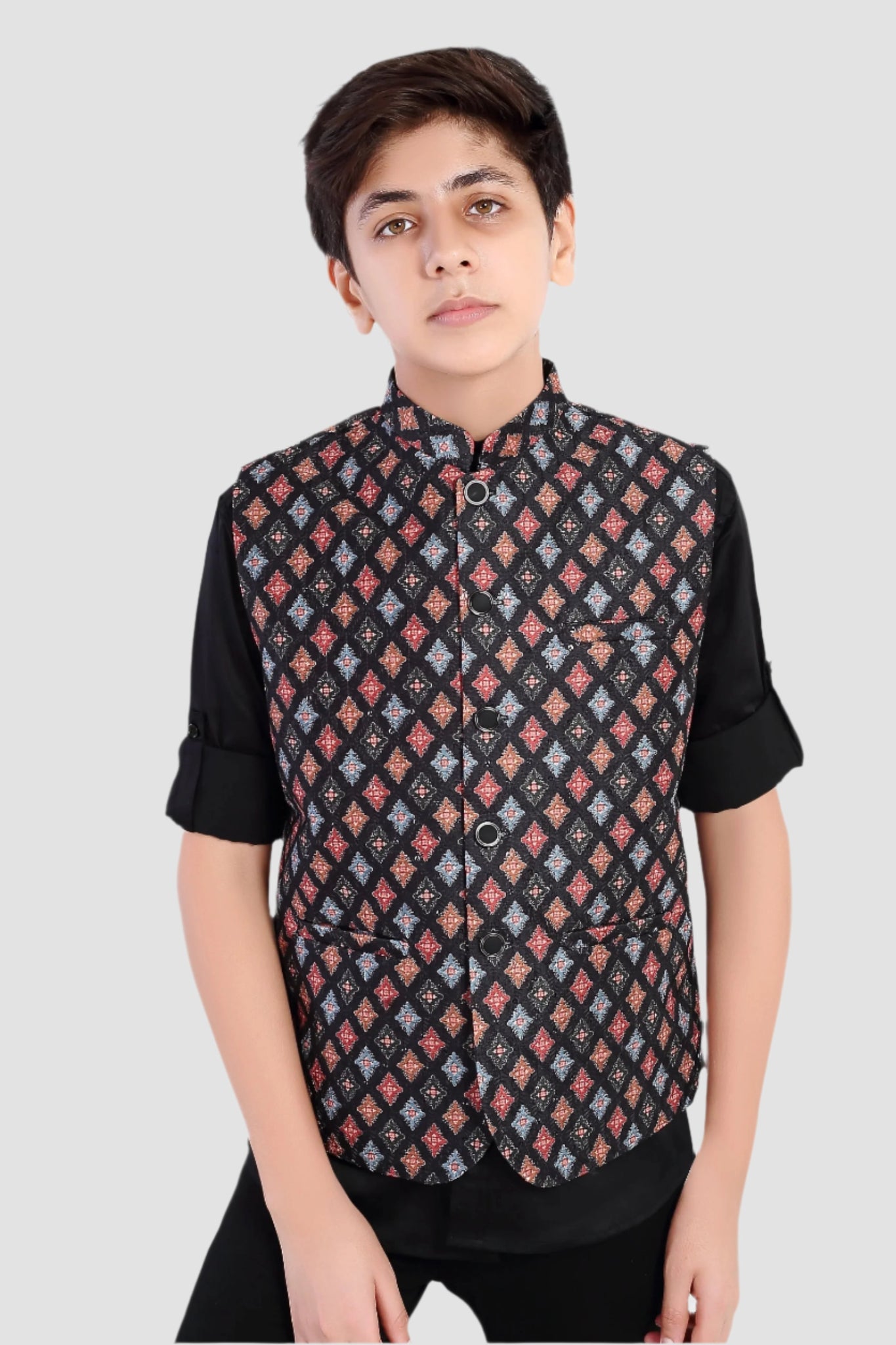 CHARCHIT Boys Printed Nehru Jacket and Shirt - Black