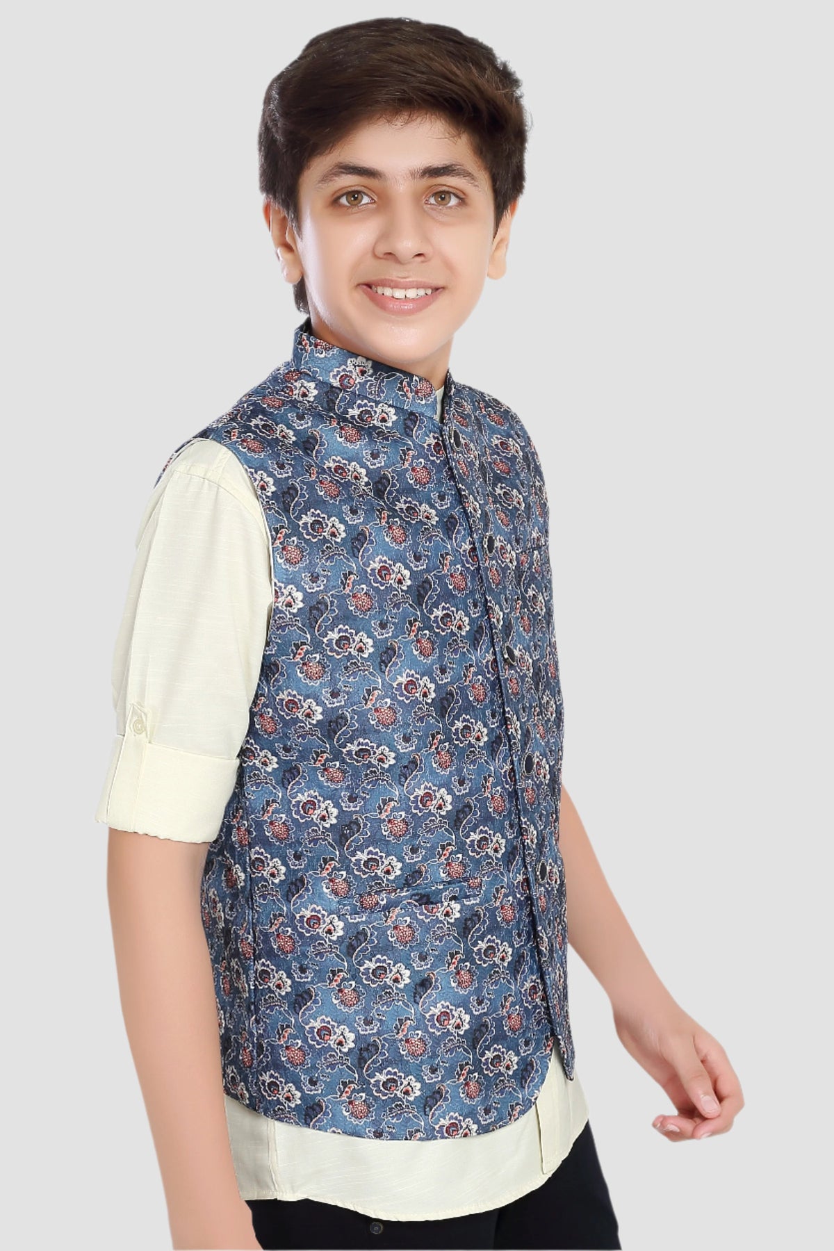 CHARCHIT Boys Printed Nehru Jacket and Shirt - Blue