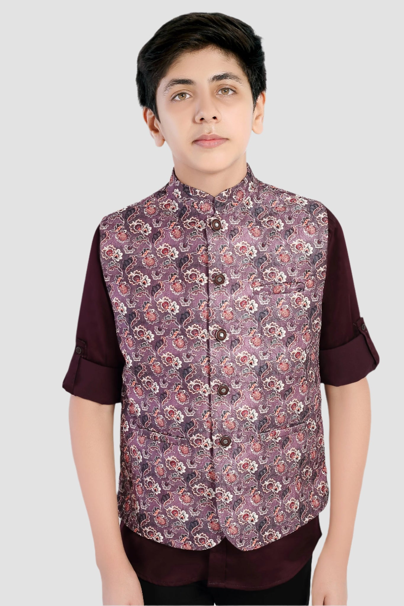 CHARCHIT Boys Printed Nehru Jacket and Shirt - Magenta