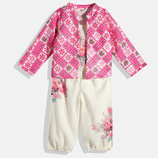 CAVIO Cotton Full Sleeves Floral dress with Jacket - Pink