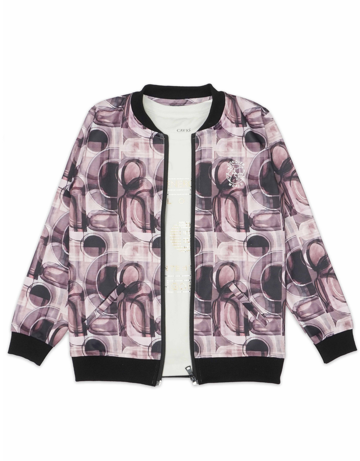 Boys Rust Geometric Printed Zipper Jacket with T shirt