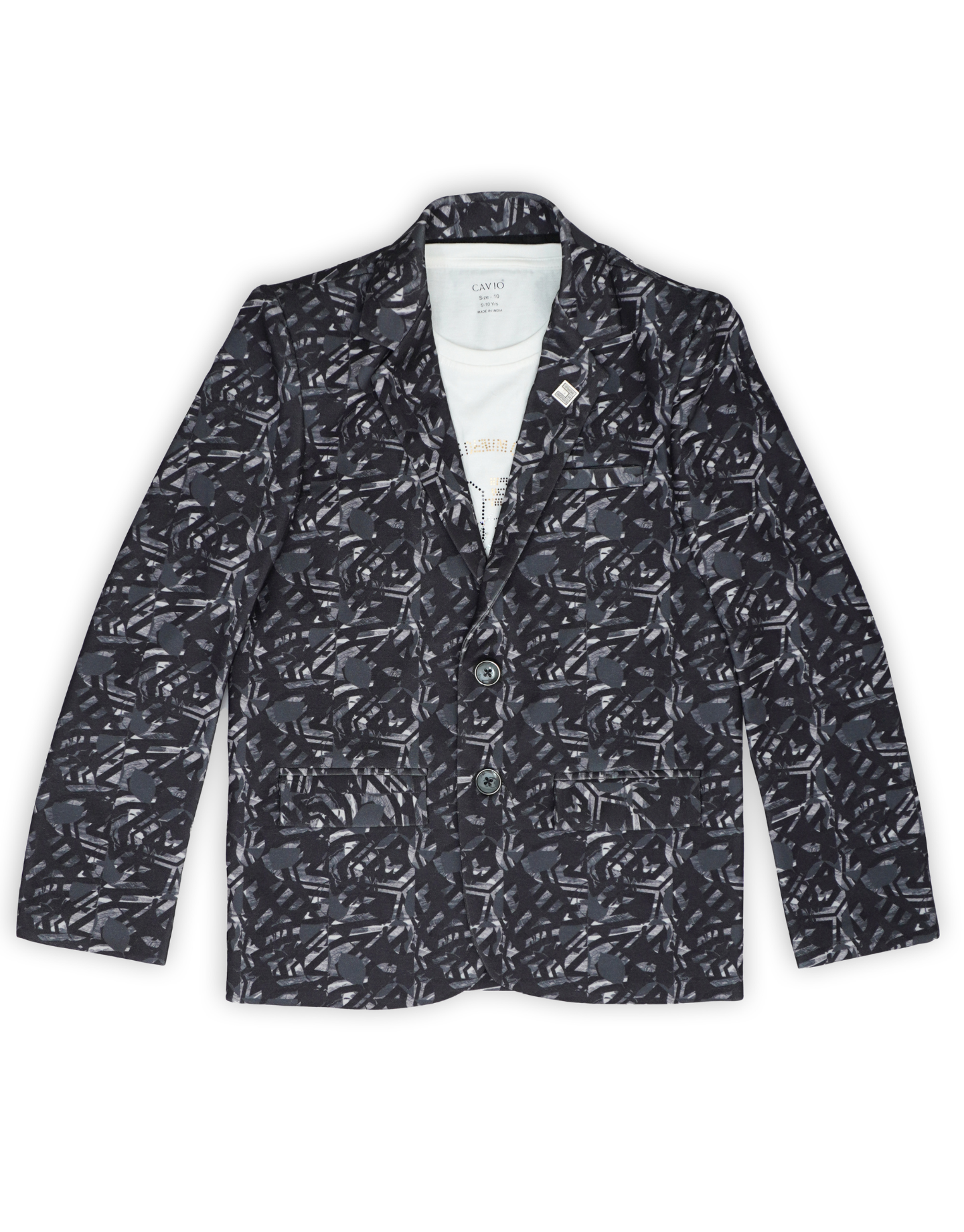 Boys Black Printed Partywear Blazer With T Shirt