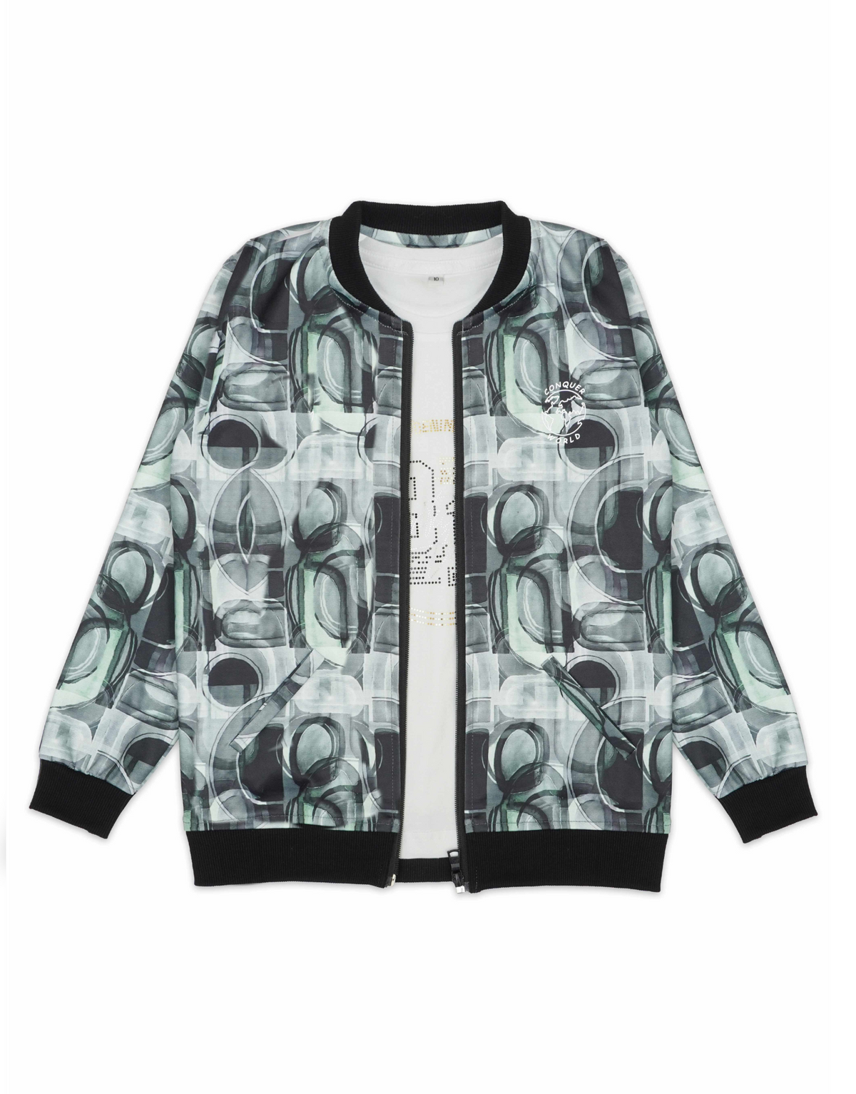 Boys Green Geometric Printed Zipper Jacket with T shirt