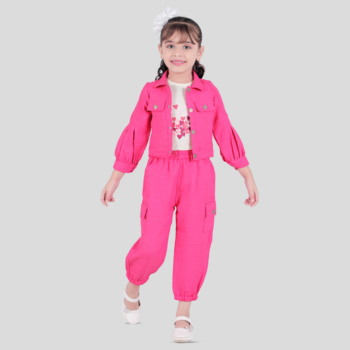 CAVIO Cotton Full Sleeves Solid Cargo dress with Jacket - Pink