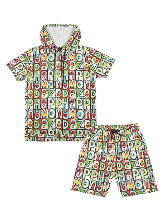 Boys Printed Hooded T shirt With Shorts Set