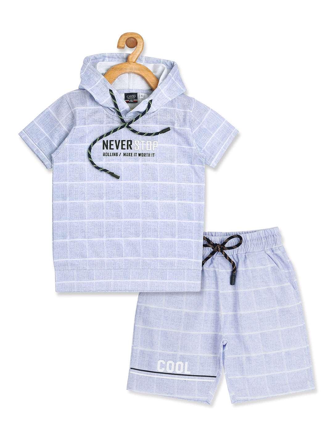 Boys Checked Hooded T shirt with Shorts Blue & White - -