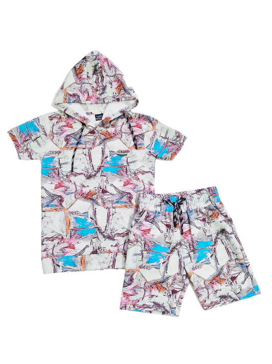 Boys Printed Pure Cotton Hooded T shirt With Shorts