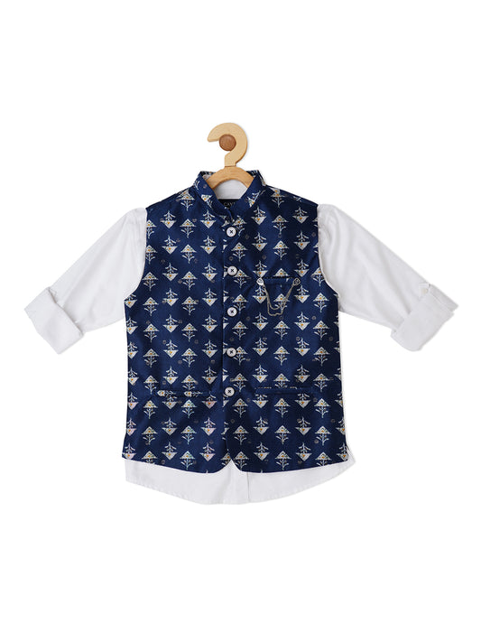 Boys Digital Printed Jacquard Nehru Jacket With Shirt - -