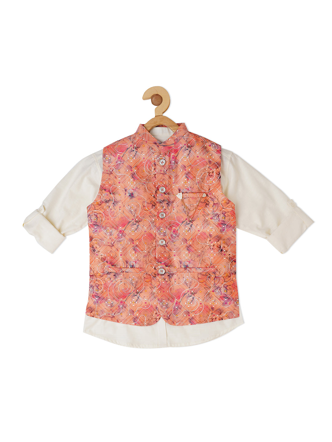 Boys Printed & Embroidered Nehru Jacket With Shirt - -