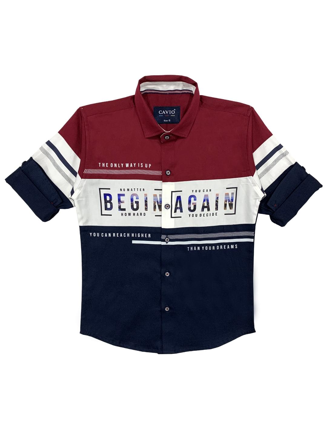 Boys Colourblocked Print Cotton Shirt Full Sleeve Maroon -  -