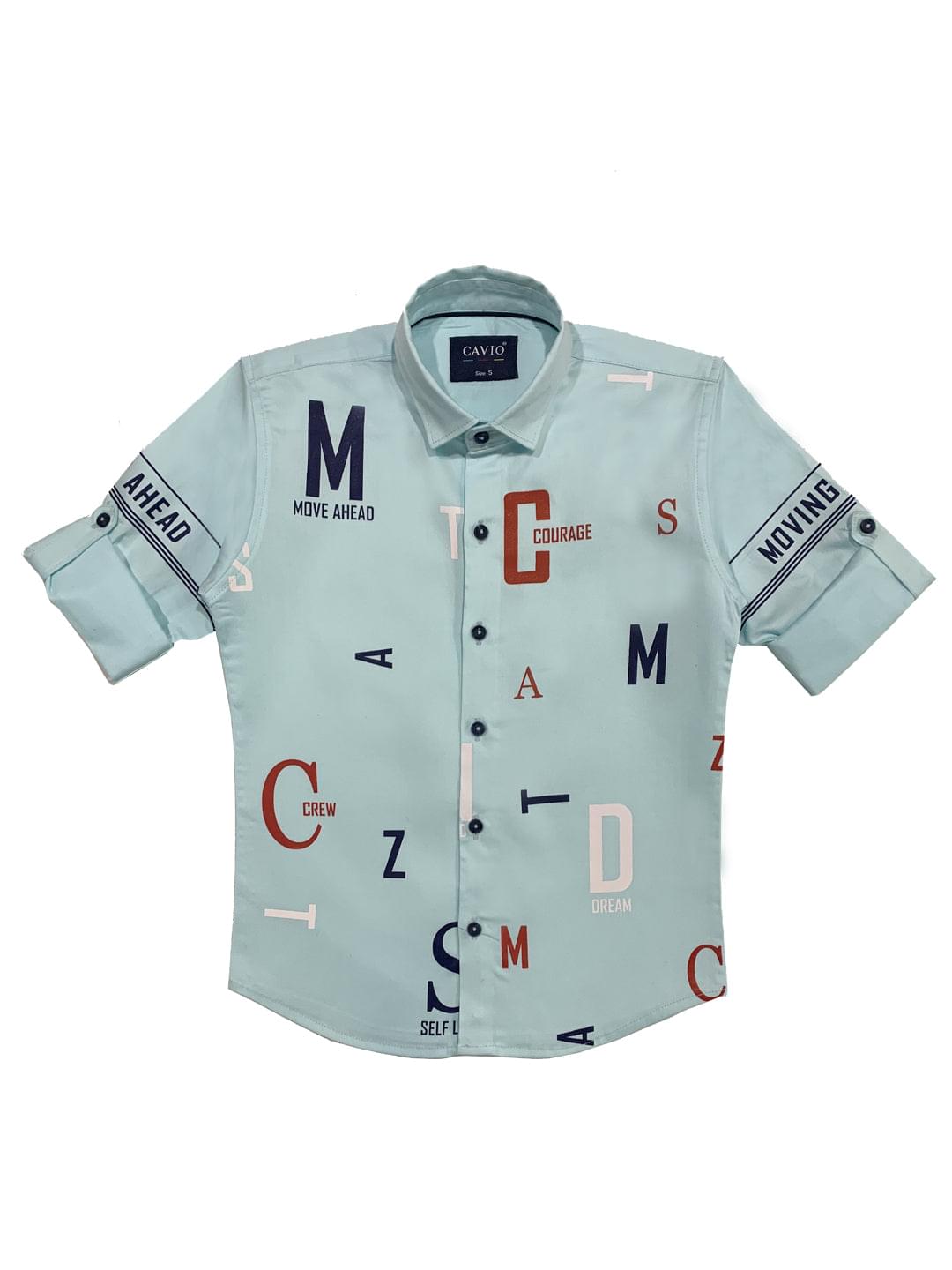 Boys Alphabet Print Cotton Shirt Full Sleeve Blue  -  -