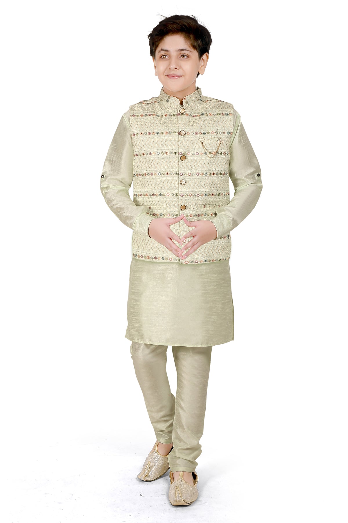 Boys Sea Green Thread Work Kurta with Churidar - -