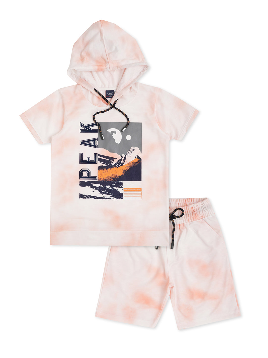 Boys Peach & Off White Dyed Pure Cotton Hooded T shirt with Shorts - -