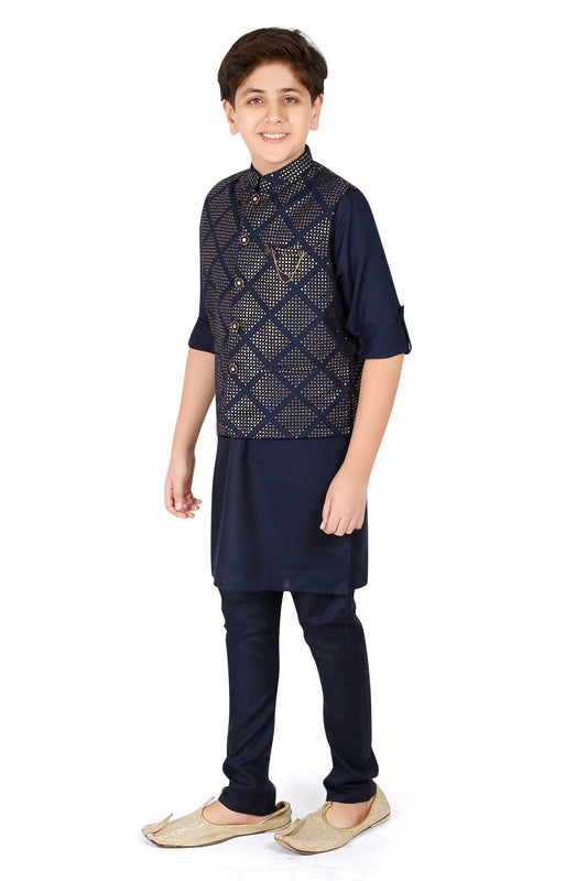 Boys Navy Blue Sequinned Kurta with Churidar - -