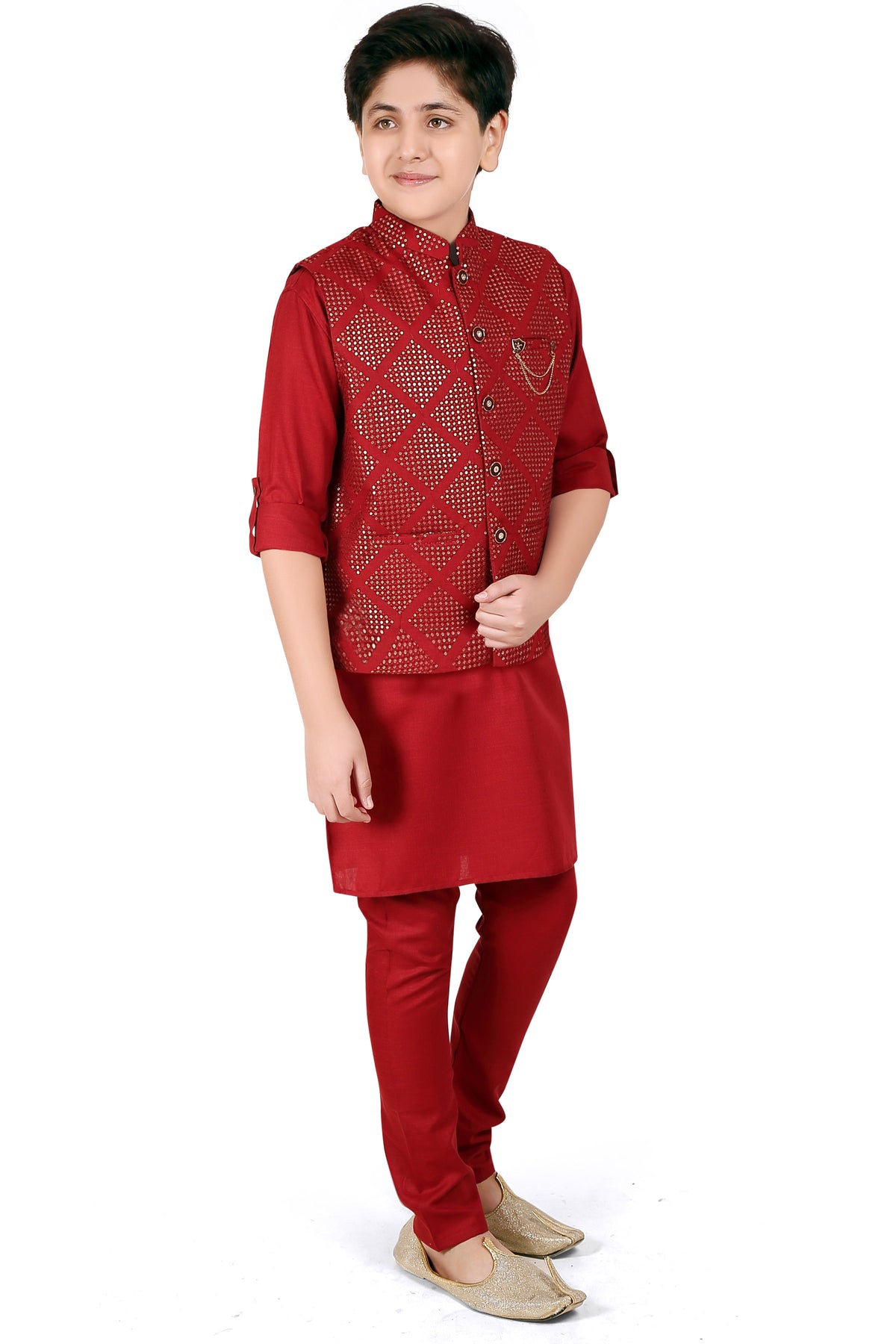 Boys Maroon Kurta with Trousers - -