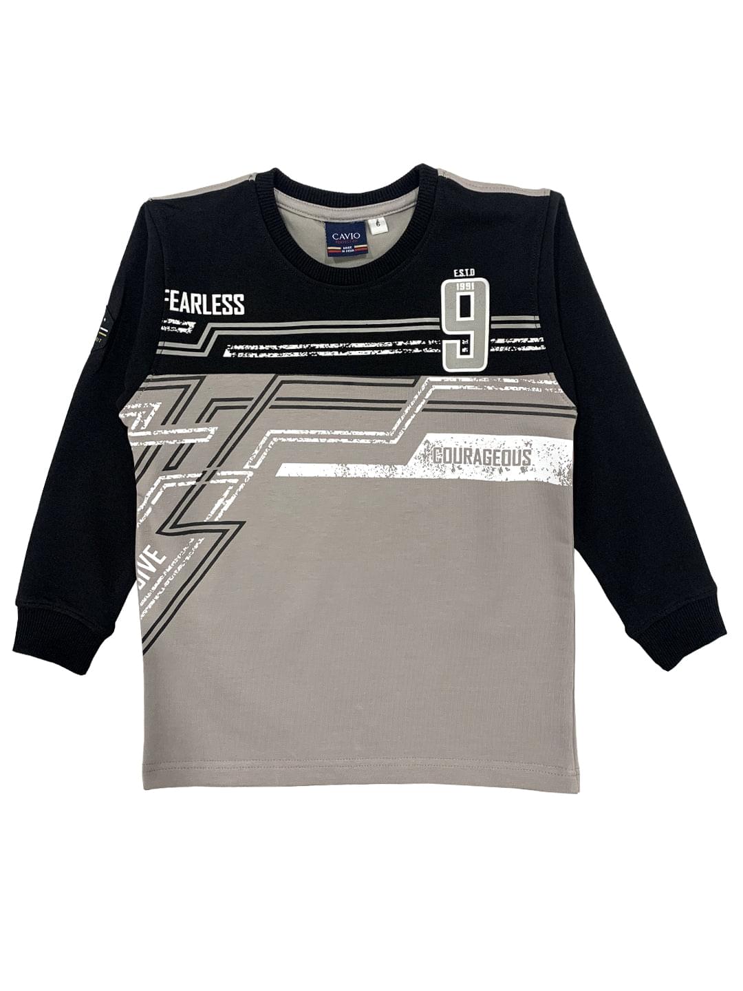 Boys Colourblocked Printed Round Neck T-shirt Full Sleeve Grey - -