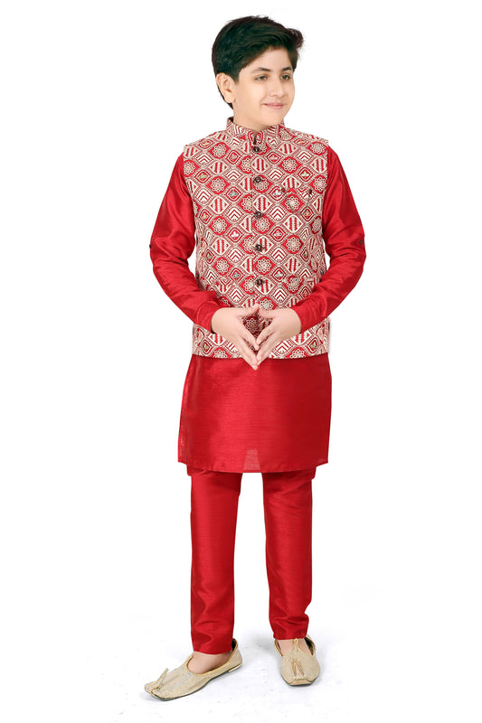 Boys Maroon Thread Work Kurta with Pyjamas - -