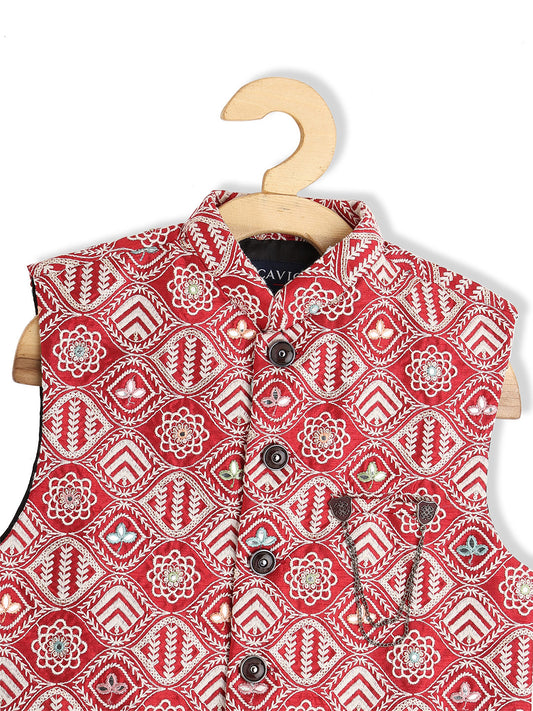 Boys Maroon Thread Work Kurta with Pyjamas - -