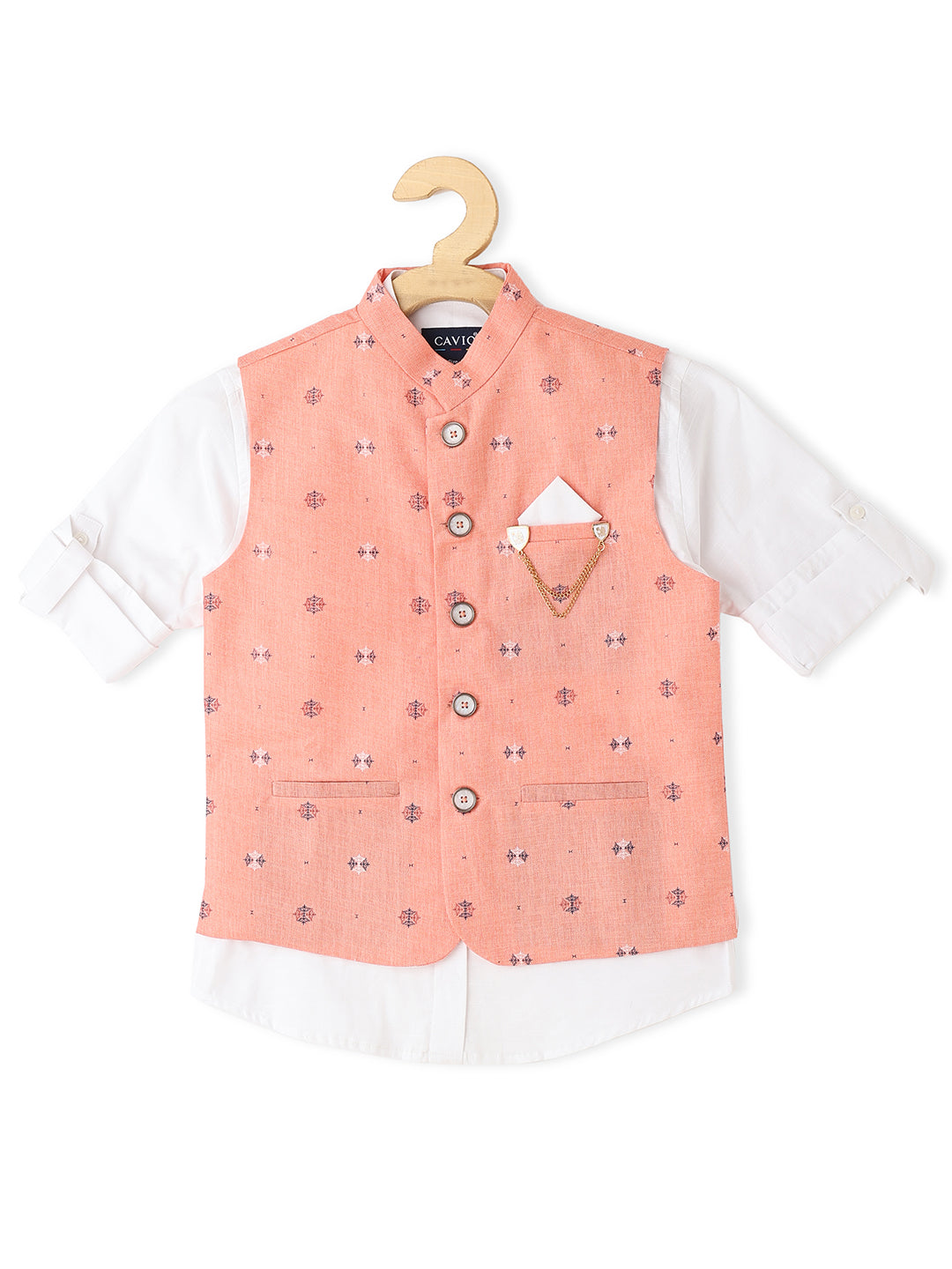 Boys Woven Design Cotton Nehru Jacket With Shirt - -