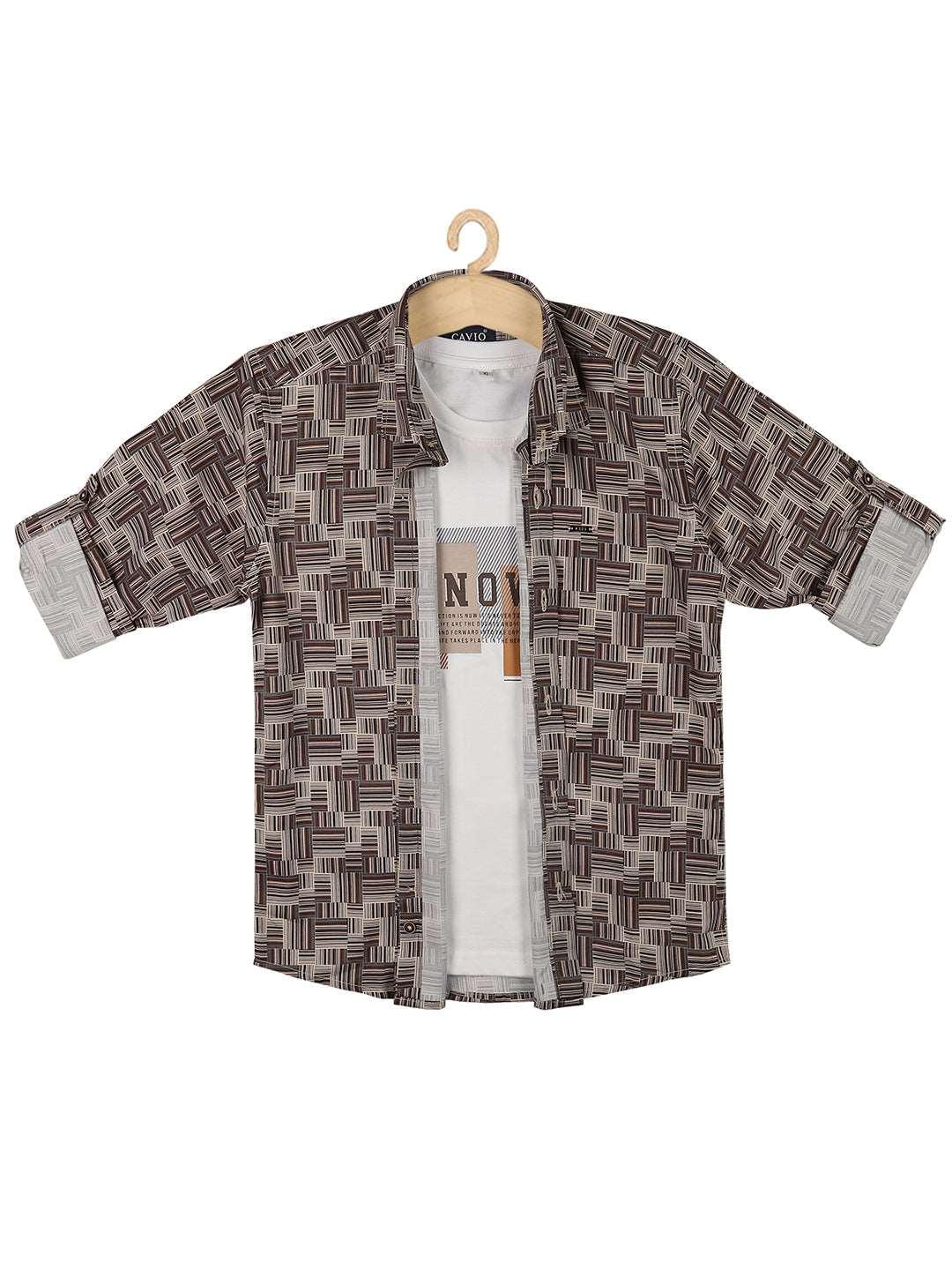 Boys Abstract Printed Cotton Casual Shirt Full Sleeve Brown - -